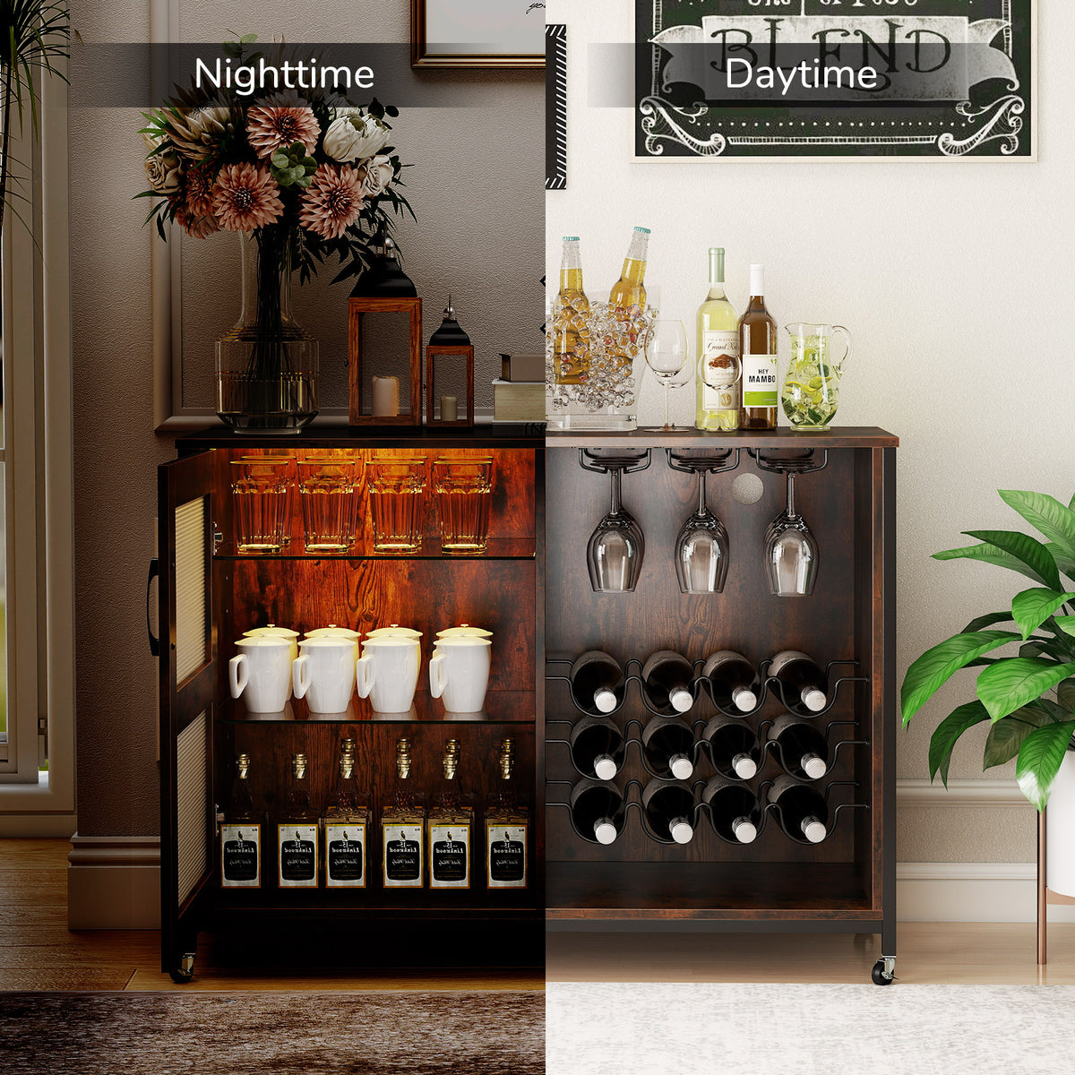 Wine Bar Cabinet with Wheels and LED Lights, Industrial Coffee Bar Cabinet for Liquor