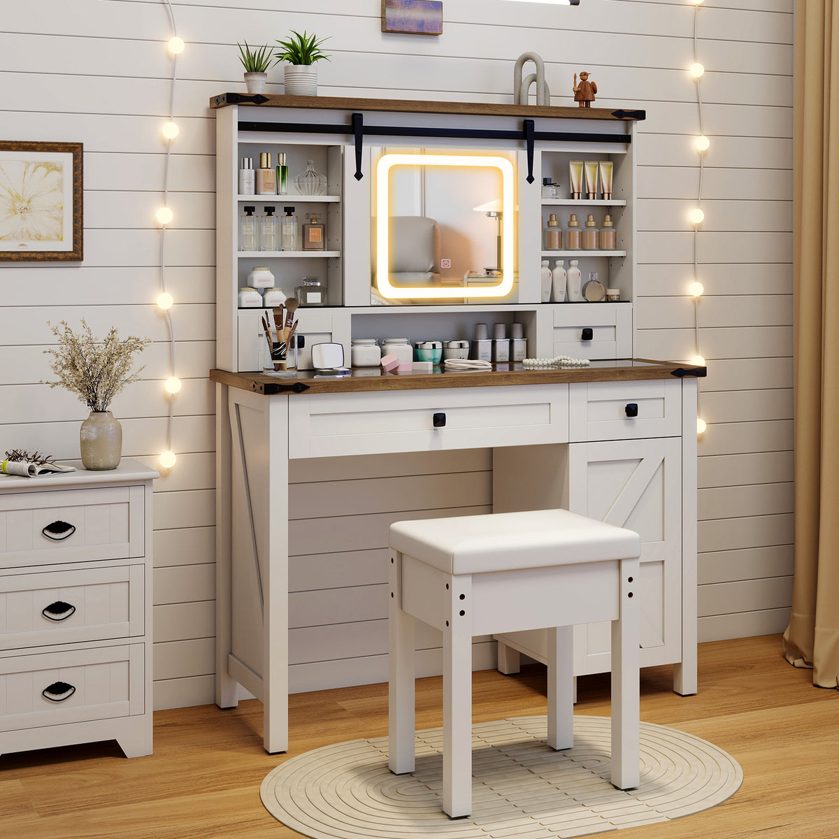 Farmhouse Vanity Desk with Sliding Mirror and Lights, Makeup Vanity Desk Set with Glass Desktop