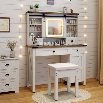 Farmhouse Vanity Desk with Sliding Mirror and Lights, Makeup Vanity Desk Set with Glass Desktop
