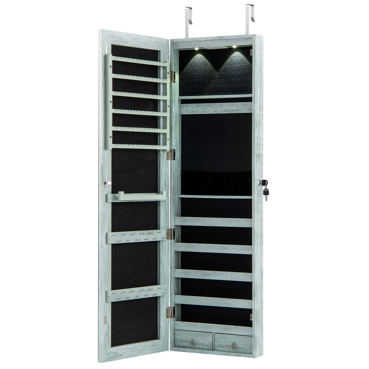 Jewelry Cabinet Wall Door Mounted, 47.5” Frameless Full Length Mirror with Storage & LED Lights