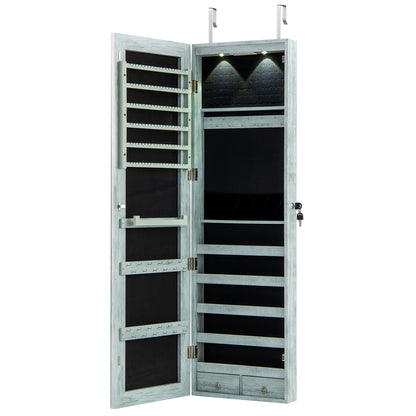 Jewelry Cabinet Wall Door Mounted, 47.5” Frameless Full Length Mirror with Storage & LED Lights
