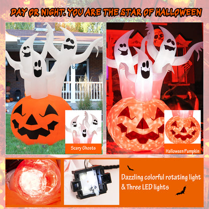 6FT Halloween Inflatable 3 Ghosts in Pumpkin, Blow Up Yard Decoration with Built-in LED Lights & Blower