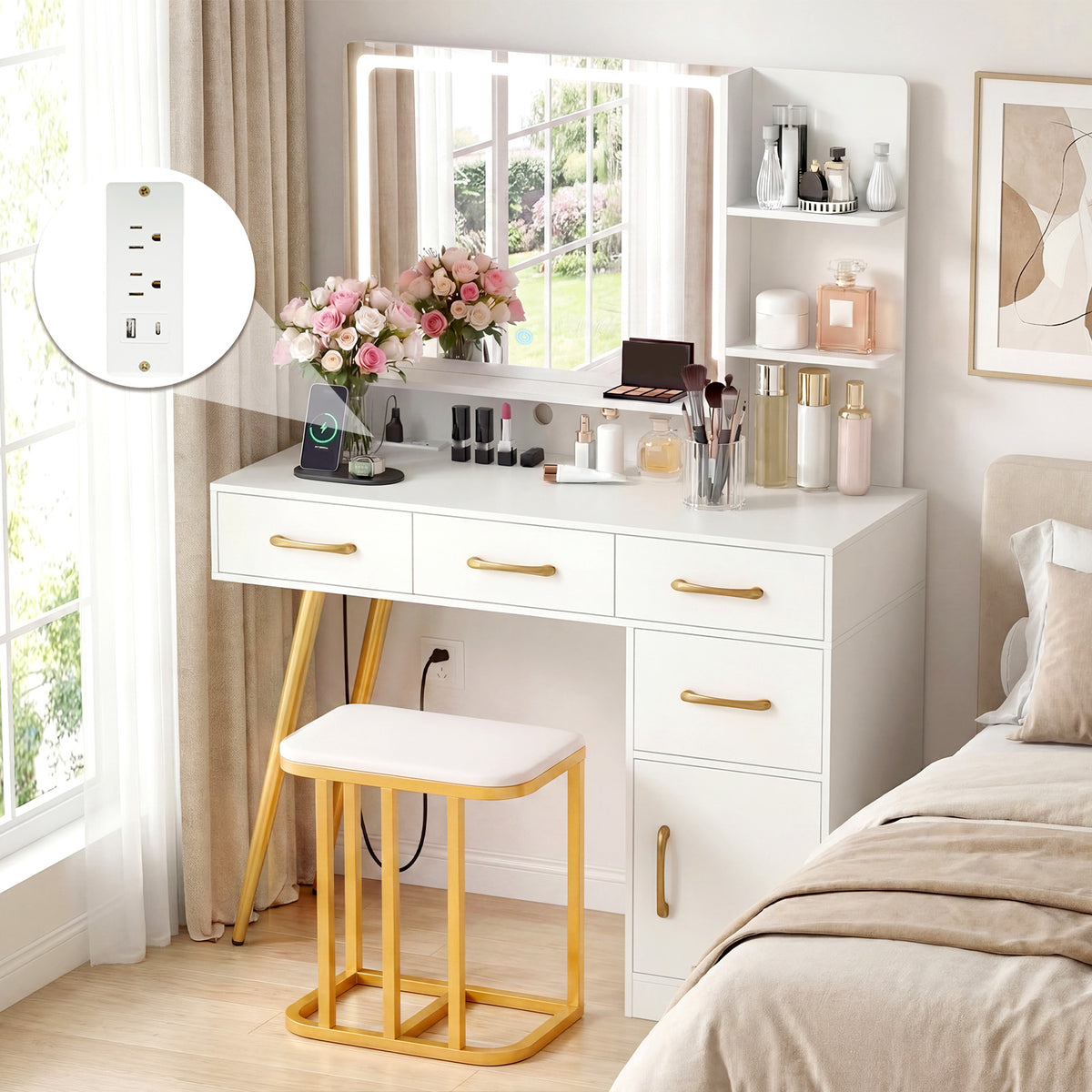 Vanity Desk with Mirror LED Light & Power Outlet, Modern Makeup Vanity Set with 3-Tier Shelves