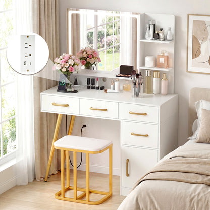 Vanity Desk with Mirror LED Light & Power Outlet, Modern Makeup Vanity Set with 3-Tier Shelves