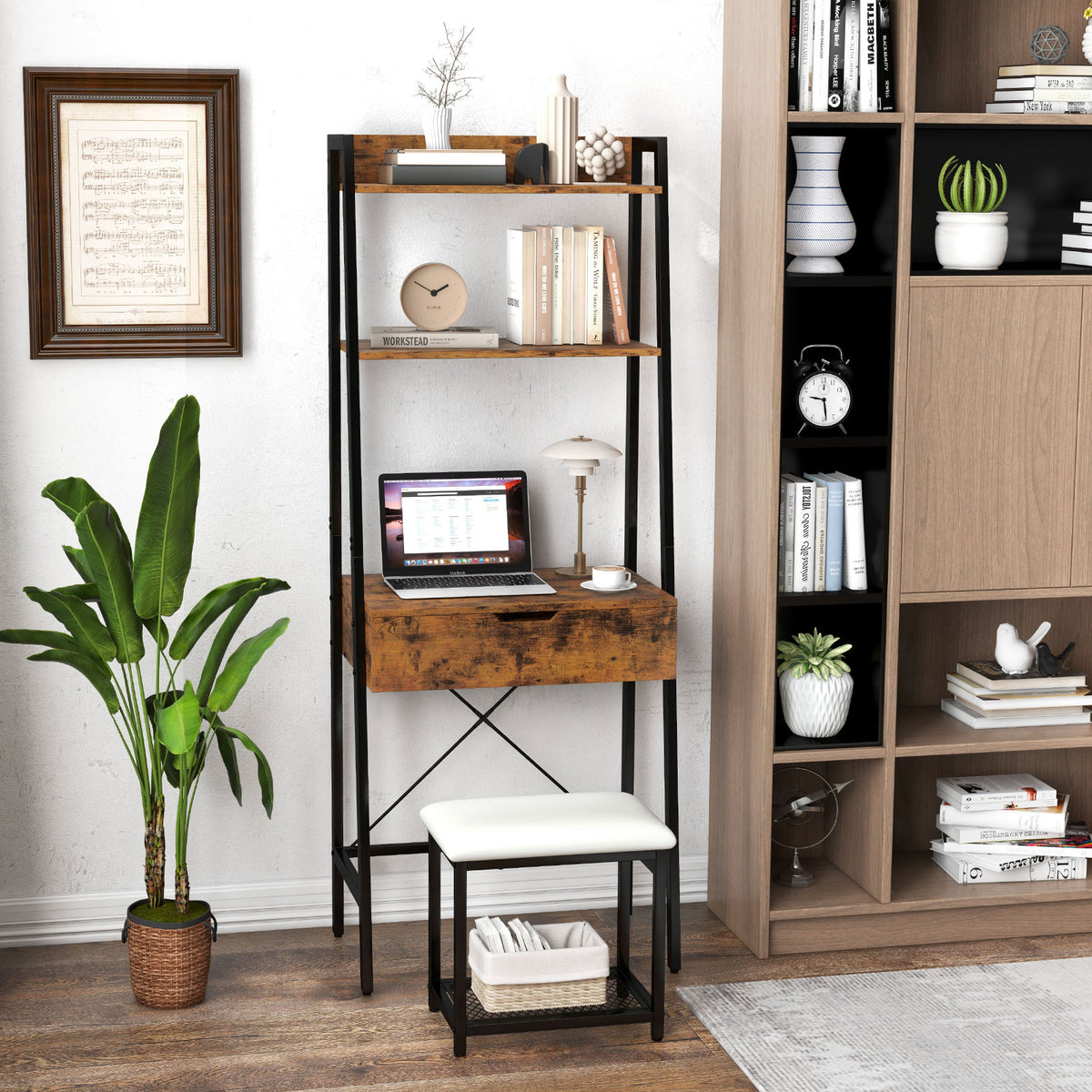 Vanity Table Set with Flip Top Mirror, Ladder Vanity Desk and Cushioned Stool Set with Shelves and Hidden Storage Compartments