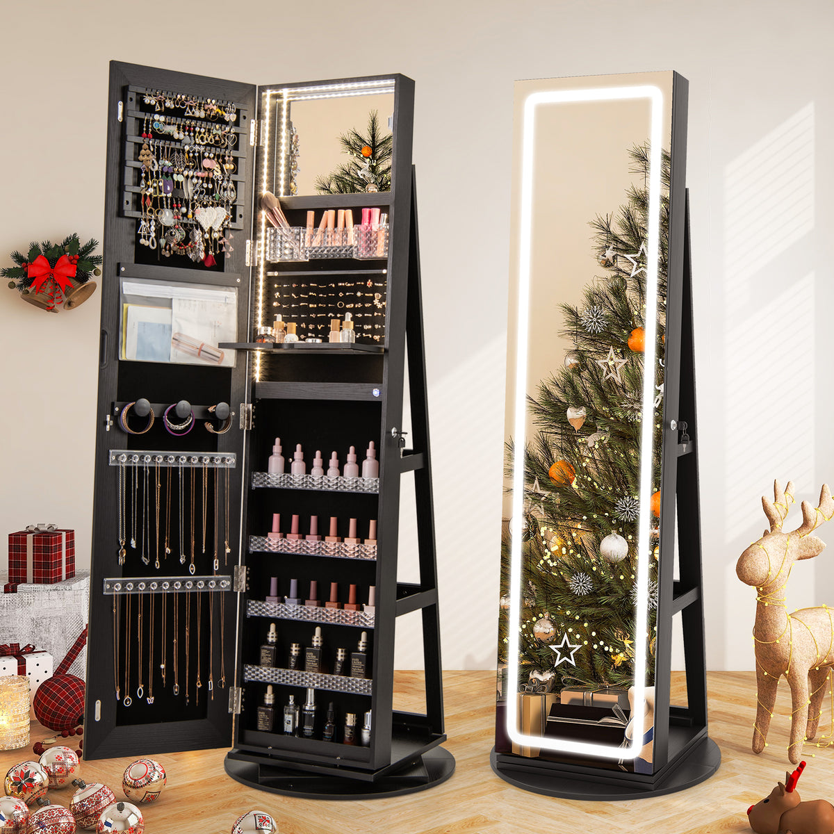 360° Swivel Jewelry Cabinet Armoire with Full Length Mirror, Standing Jewelry Storage Organizer with Rear Storage Shelves
