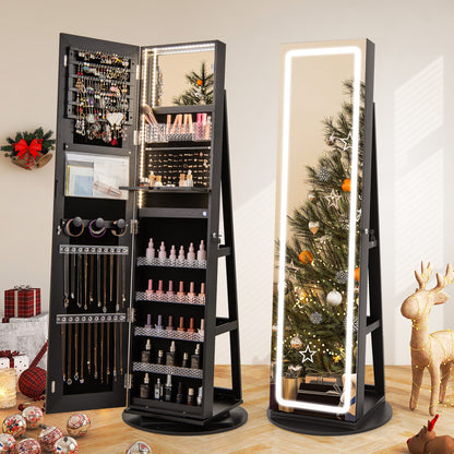 360° Swivel Jewelry Cabinet Armoire with Full Length Mirror, Standing Jewelry Storage Organizer with Rear Storage Shelves
