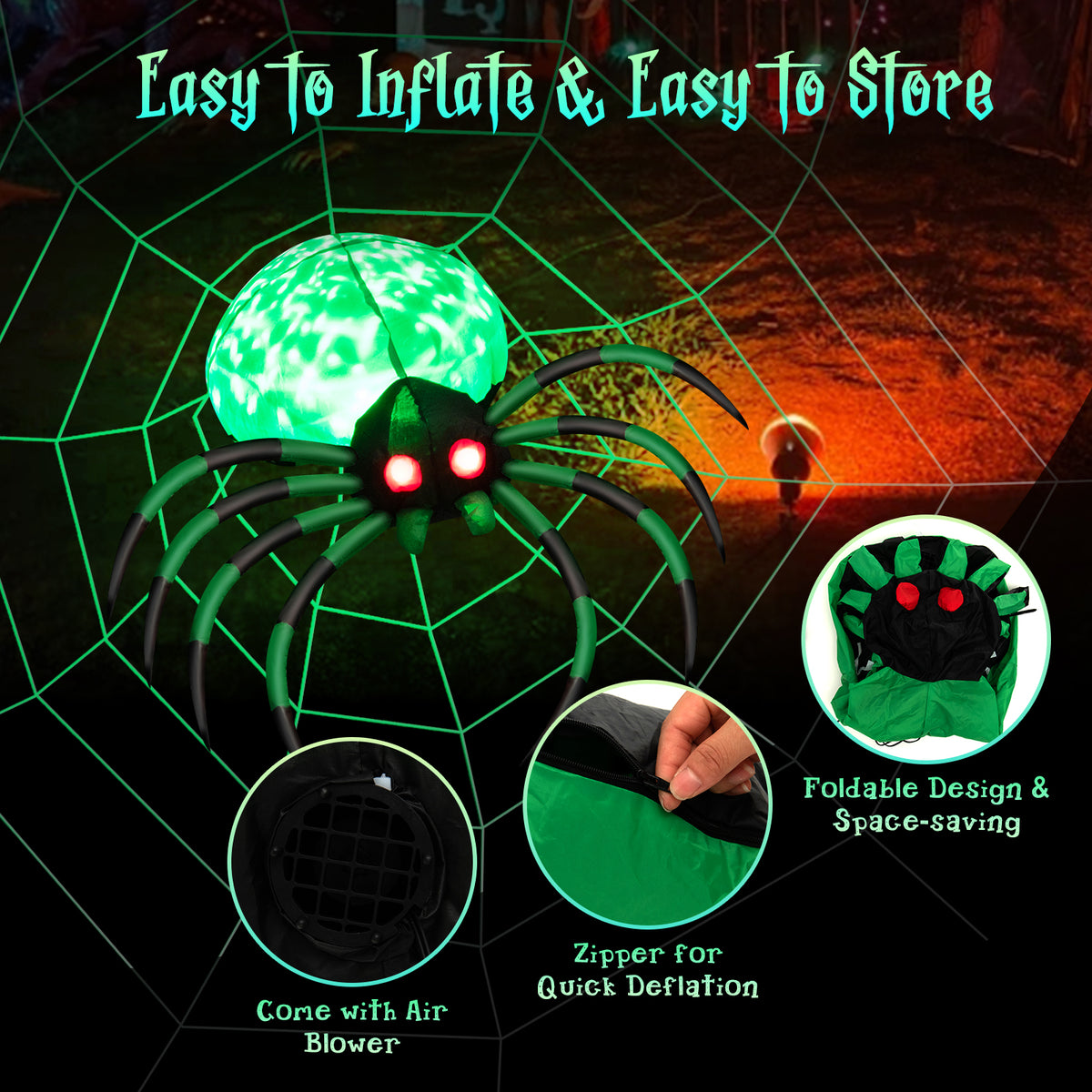 Halloween Inflatable Spider with Web, 5FT Blow Up Yard Decoration with Colorful Magic Light