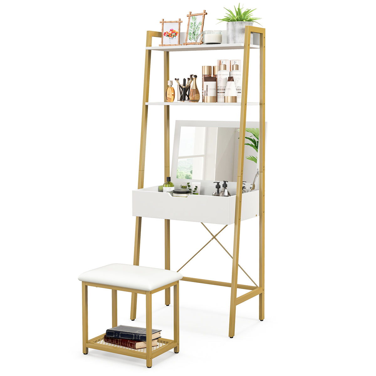 Vanity Table Set with Flip Top Mirror, Ladder Vanity Desk and Cushioned Stool Set with Shelves and Hidden Storage Compartments