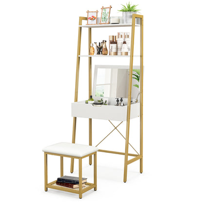 Vanity Table Set with Flip Top Mirror, Ladder Vanity Desk and Cushioned Stool Set with Shelves and Hidden Storage Compartments