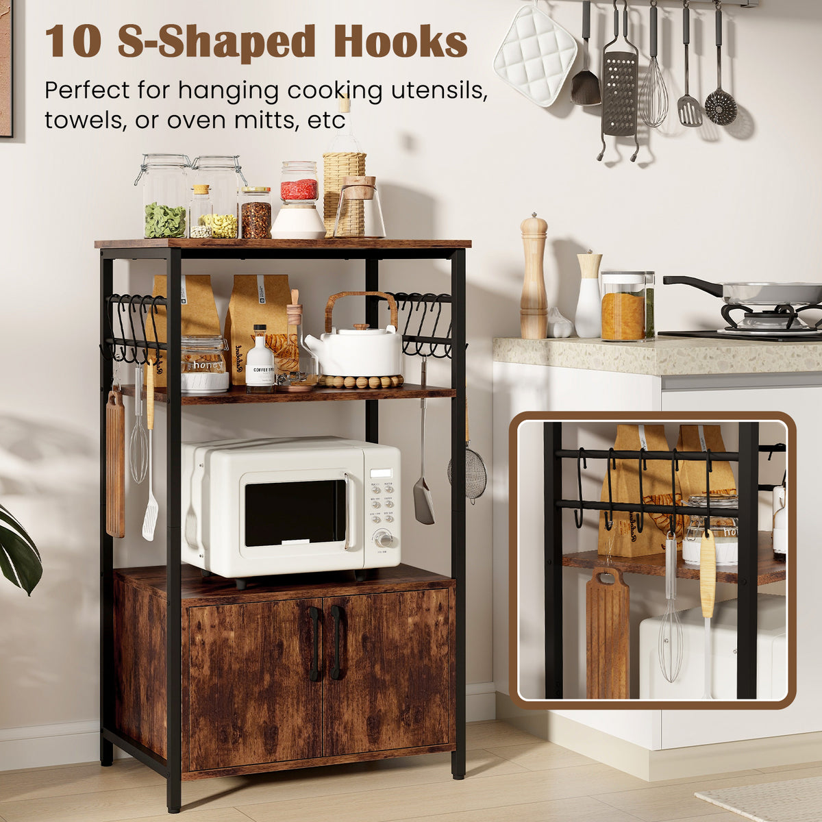 Kitchen Baker's Rack with Cabinet, 3-Tier Pantry Cabinet with 2 Open Shelves