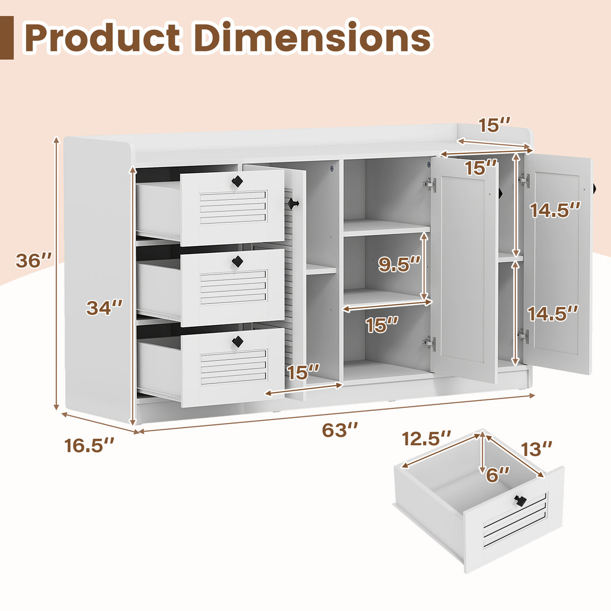 63” Buffet Cabinet with Storage, Large Sideboard with 3 Doors & 3 Drawers