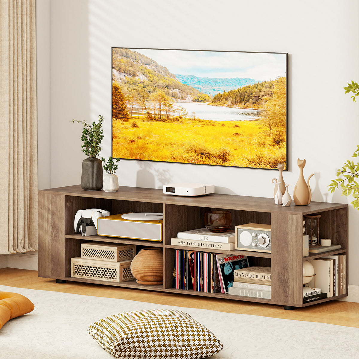 TV Stand for TVs up to 65 Inches, Modern Media Entertainment Center with 4 Open Storage Shelves and 4 Side Storage Shelves