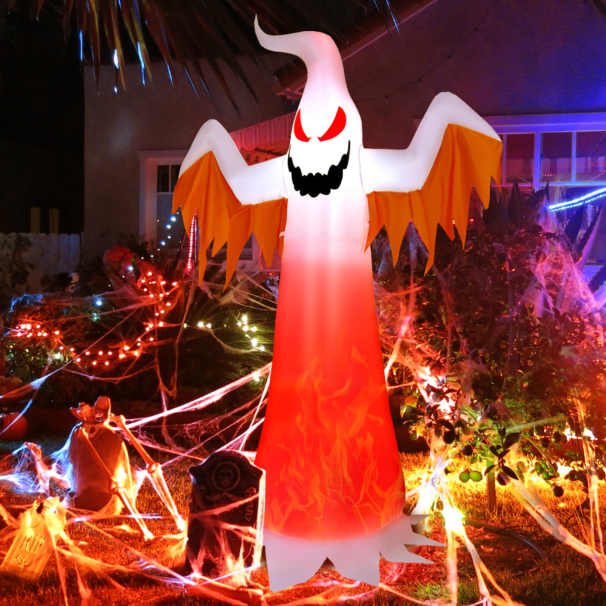 6FT Halloween Inflatable Scary Spooky Ghost, Blow Up Yard Decoration with Built-in Flame Light and Waterproof Blower