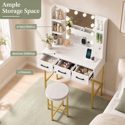 Vanity Desk with Lights & Charging Station, White & Gold Makeup Vanity with Chair