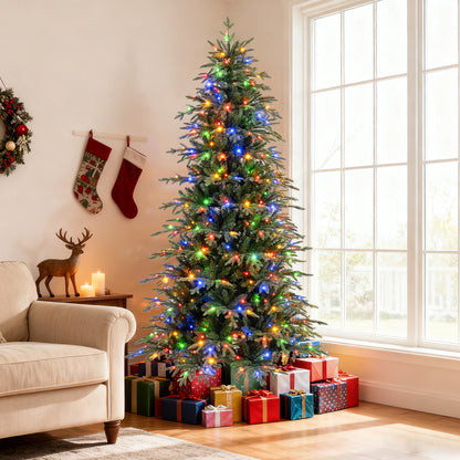 6FT/7.5FT/8FT Pre-lit Artificial Christmas Tree, Hinged Xmas Tree with 1195 Branch Tips