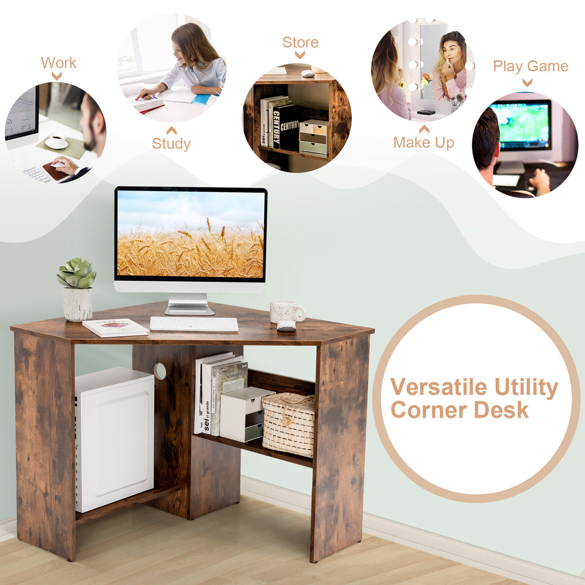 Corner Desk with Storage Shelves, Triangular Computer Desk with Cable Management Holes