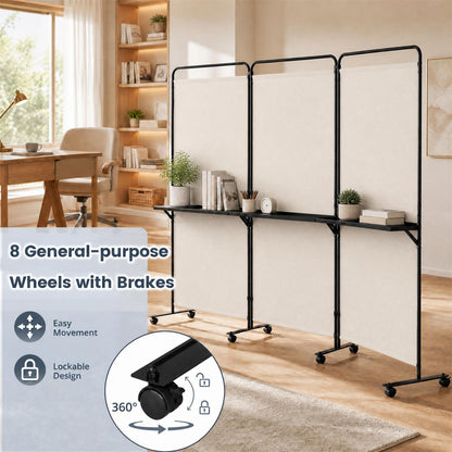 3 Panel Room Divider with Storage Shelves, 6FT Folding Privacy Screen with Lockable Wheels
