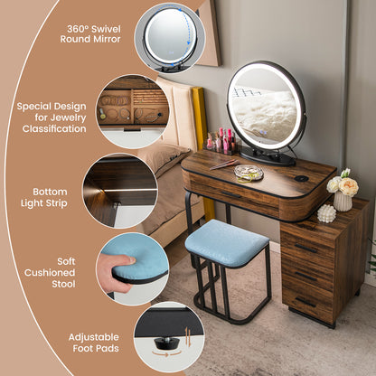 Vanity Table Set with 3-Color Lighted Swivel Touch Screen Mirror, Dressing Table Set with Human Body Induction