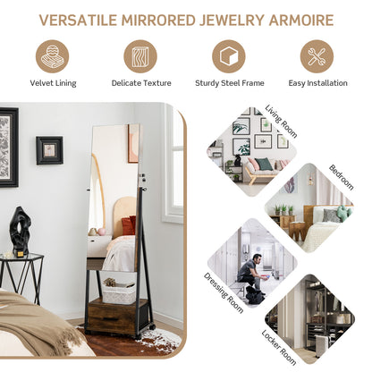 Rolling Jewelry Armoire Cabinet, Full Length Mirror with Storage, Floor Standing Lockable Jewelry Cabinet with Wheels