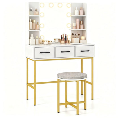 Vanity Desk with Lights & Charging Station, White & Gold Makeup Vanity with Chair