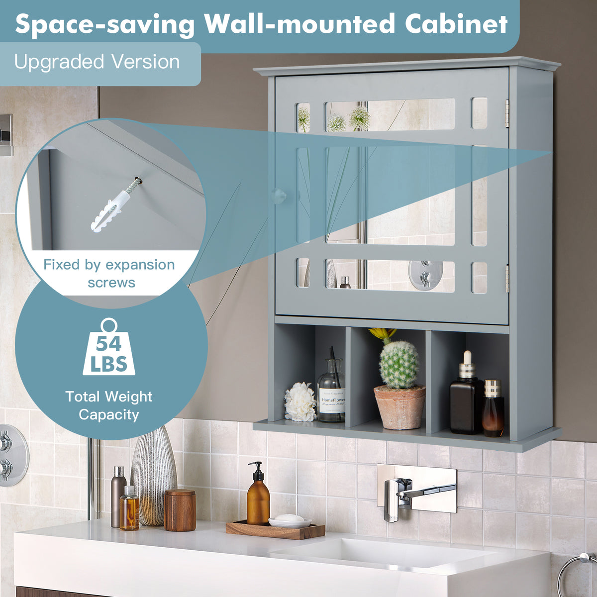 Bathroom Medicine Cabinet with Mirror, Wall Mounted Hanging Storage Organizer with Adjustable Shelf