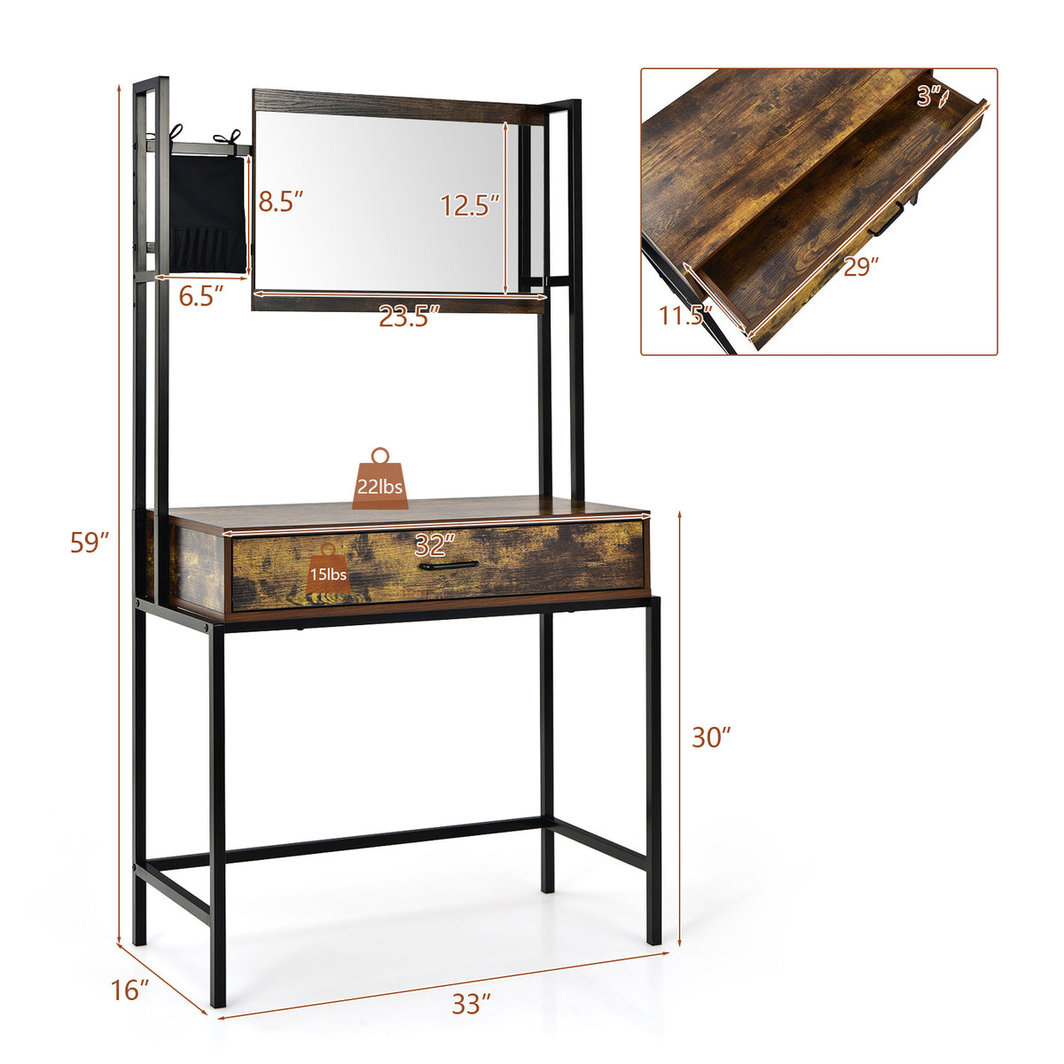 Industrial Vanity Table with 3-Position Adjustable Mirror, Makeup Dressing Table with Cosmetic Brush Pouch and 1 Large Drawer