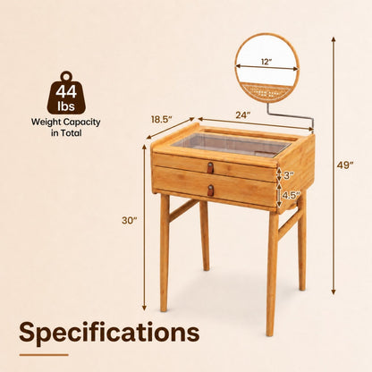 Makeup Vanity Table with Mirror, Bamboo Dressing Table with 2 Storage Drawers and Tempered Glass Table Top