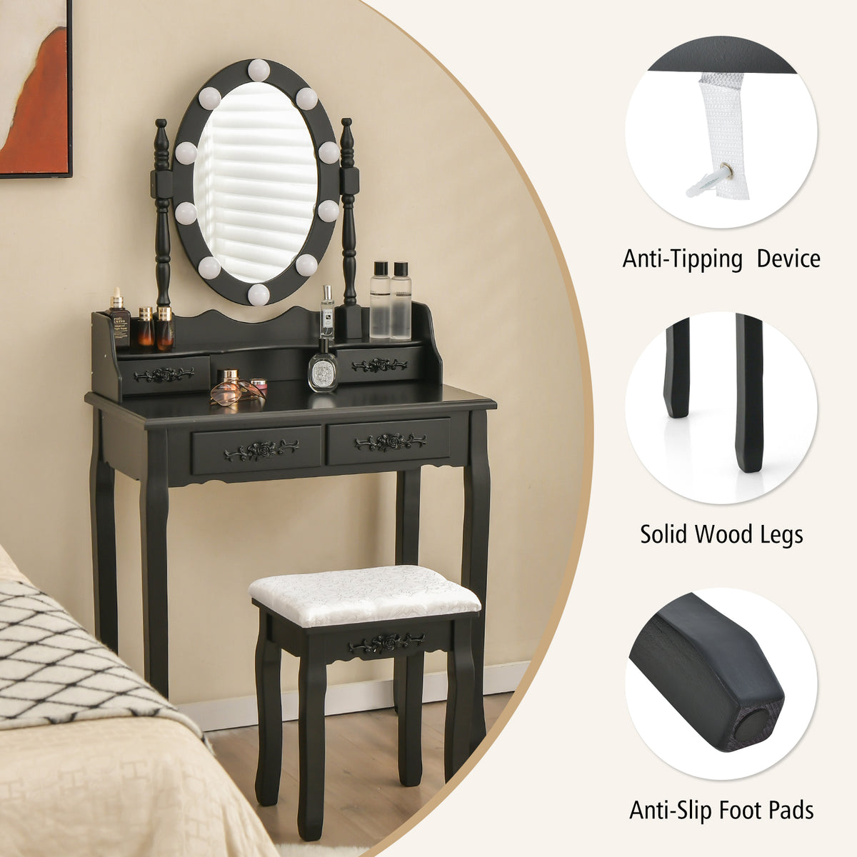 Vanity Table Set with Lighted Rotatable Mirror, Dressing Table with 3-Color Lights & Adjustable Brightness