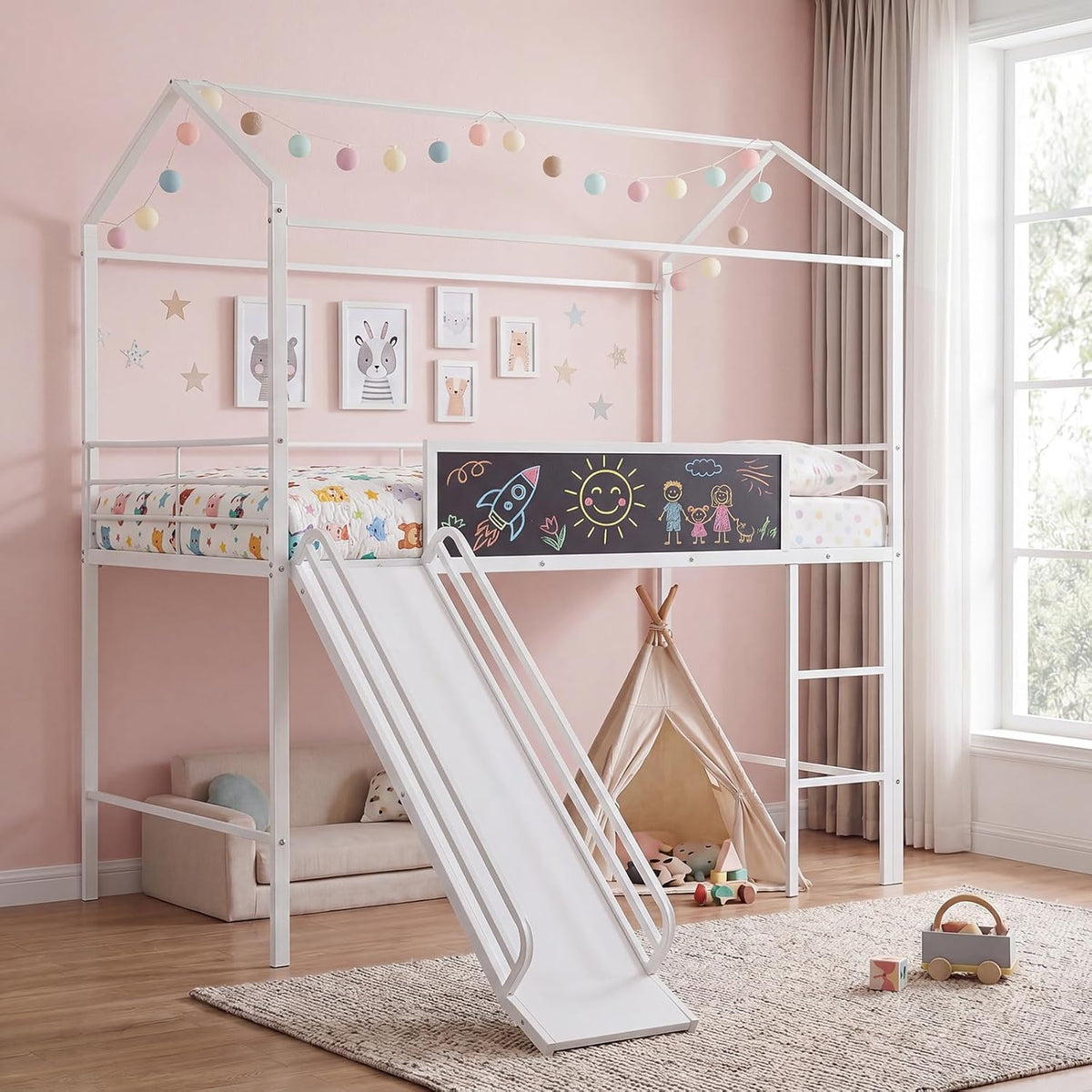 Goflame Twin Size House Loft Bed | Low Loft Bedframe w/Roof