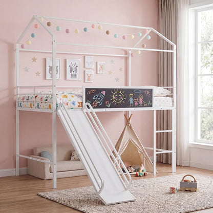 Goflame Twin Size House Loft Bed | Low Loft Bedframe w/Roof