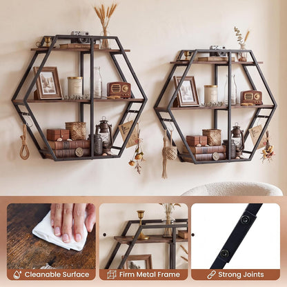 Goflame Industrial Hexagon Wall Shelf with 3-Tier Storage Shelves & 4 Hooks | Decorative Wall Display Rack Unit with Metal Frame