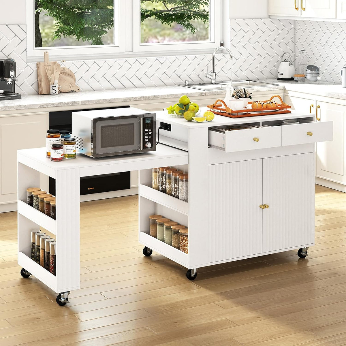 Goflame 72”-44.5” Extendable Kitchen Island with Storage, Power Outlet | Rolling Kitchen Island Table on Wheels w/Fluted Doors
