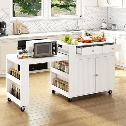 Goflame 72”-44.5” Extendable Kitchen Island with Storage, Power Outlet | Rolling Kitchen Island Table on Wheels w/Fluted Doors