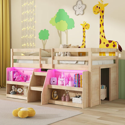 Goflame Low Loft Bed with LED Lights, Wooden Twin Loft Bed with Stairs & Safety Guardrail