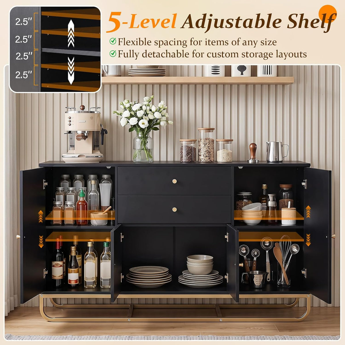 Goflame Modern Sideboard Buffet Cabinet with Storage & 2 Drawers| Coffee Bar Cabinet w/ Geometric Design
