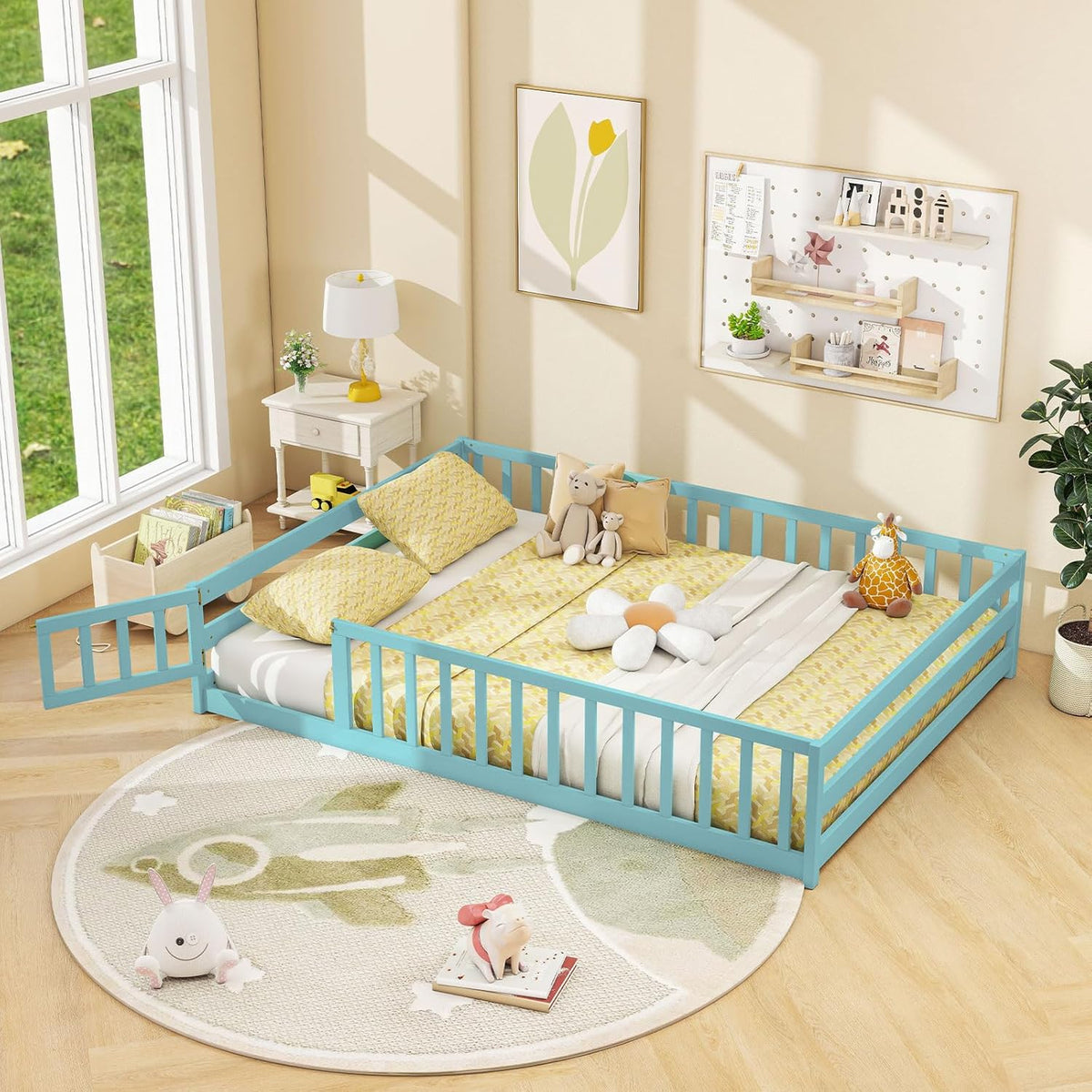 Goflame Floor Bed with Door & Fence Kids Wood Montessori Beds with Safety Guardrails