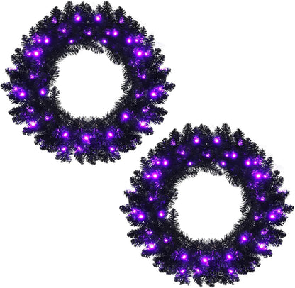 24' Black Halloween Wreath, Pre-lit Artificial Christmas Wreath