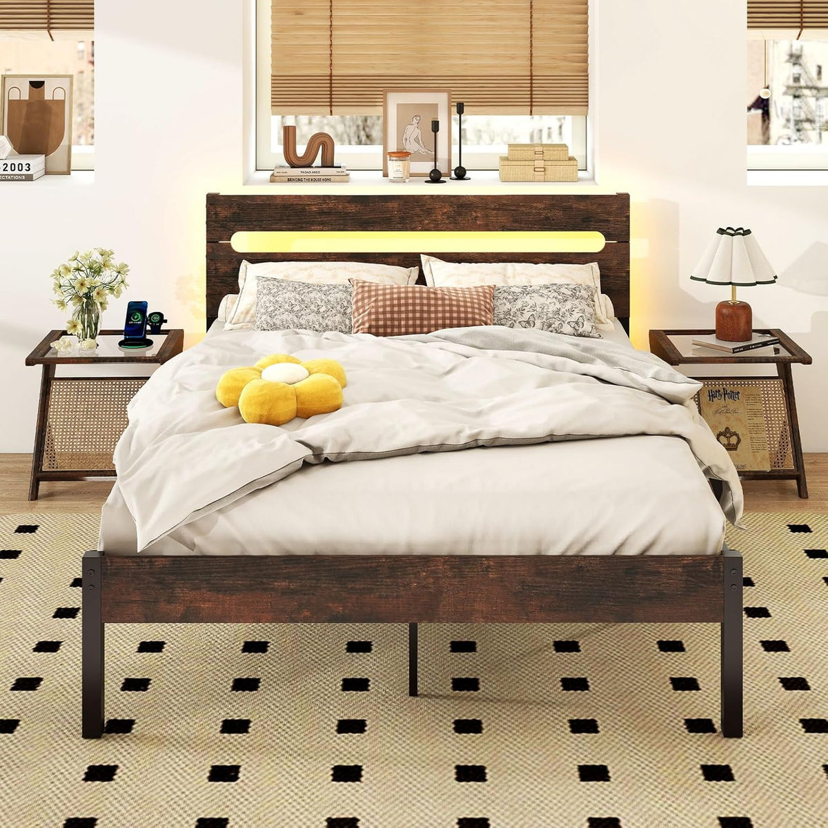 Goflame Full Size LED Bed Frame with Charging Station Rustic Metal Platform Bed