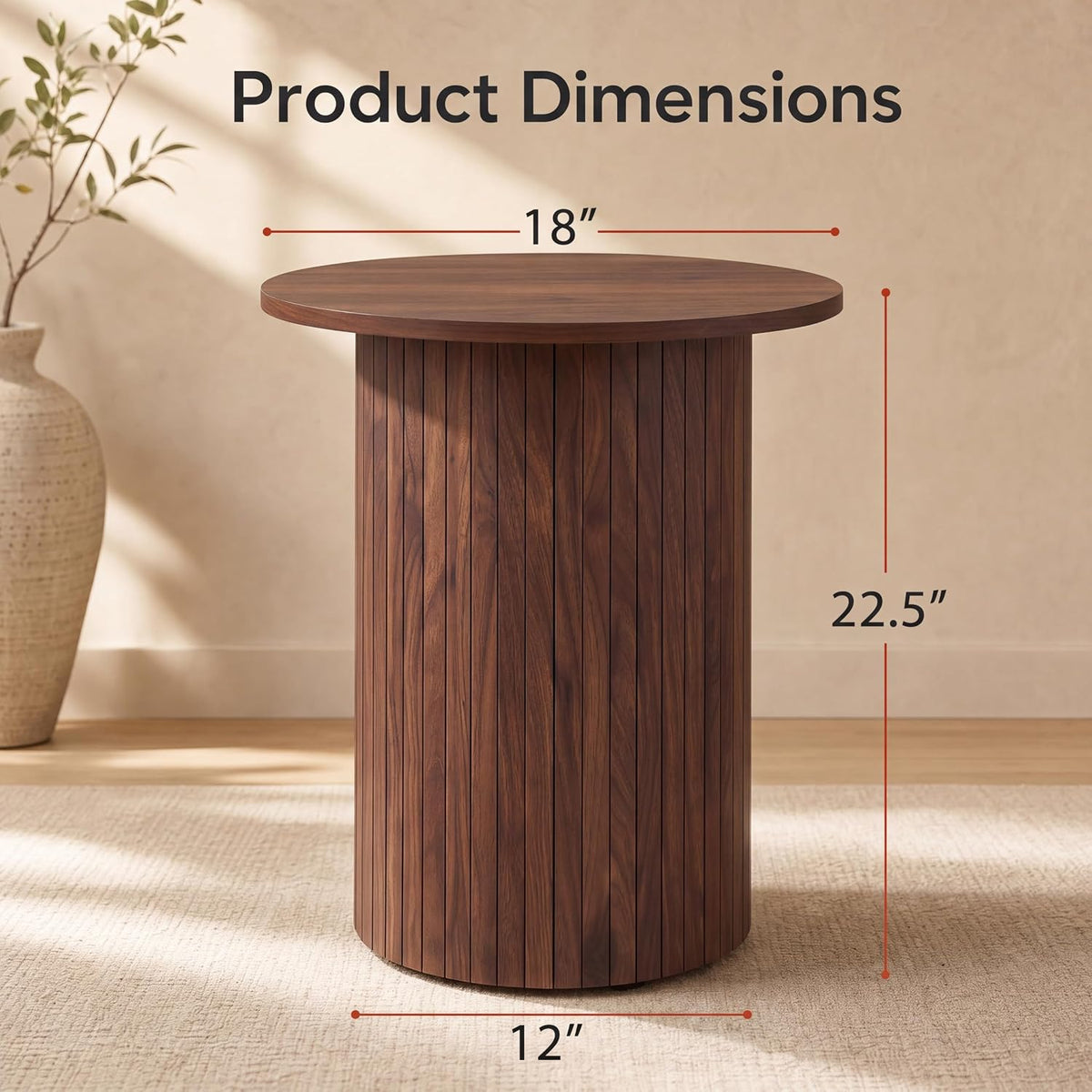 Goflame Round Side Table, Fluted Mid Century Modern Drum End Table | 22.5‘’ Wooden Pedestal Accent Nightstand for Bedroom