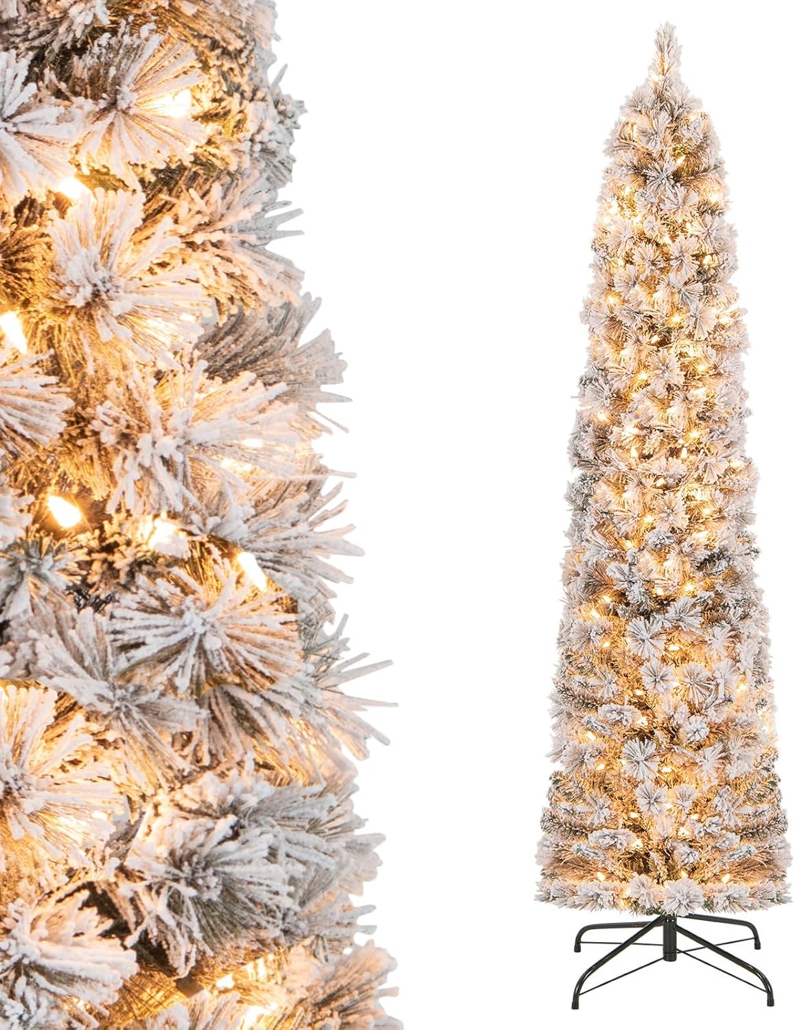 Goflame Pre-Lit Snow Flocked Pencil Christmas Tree for Home Office Holiday Decor