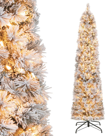 Goflame Pre-Lit Snow Flocked Pencil Christmas Tree for Home Office Holiday Decor