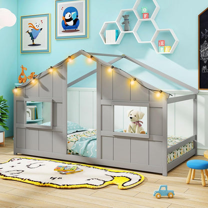 Goflame Twin Kids House Bed with Light Bulbs Wooden Montessori Floor Bed Frame with Roof & Windows