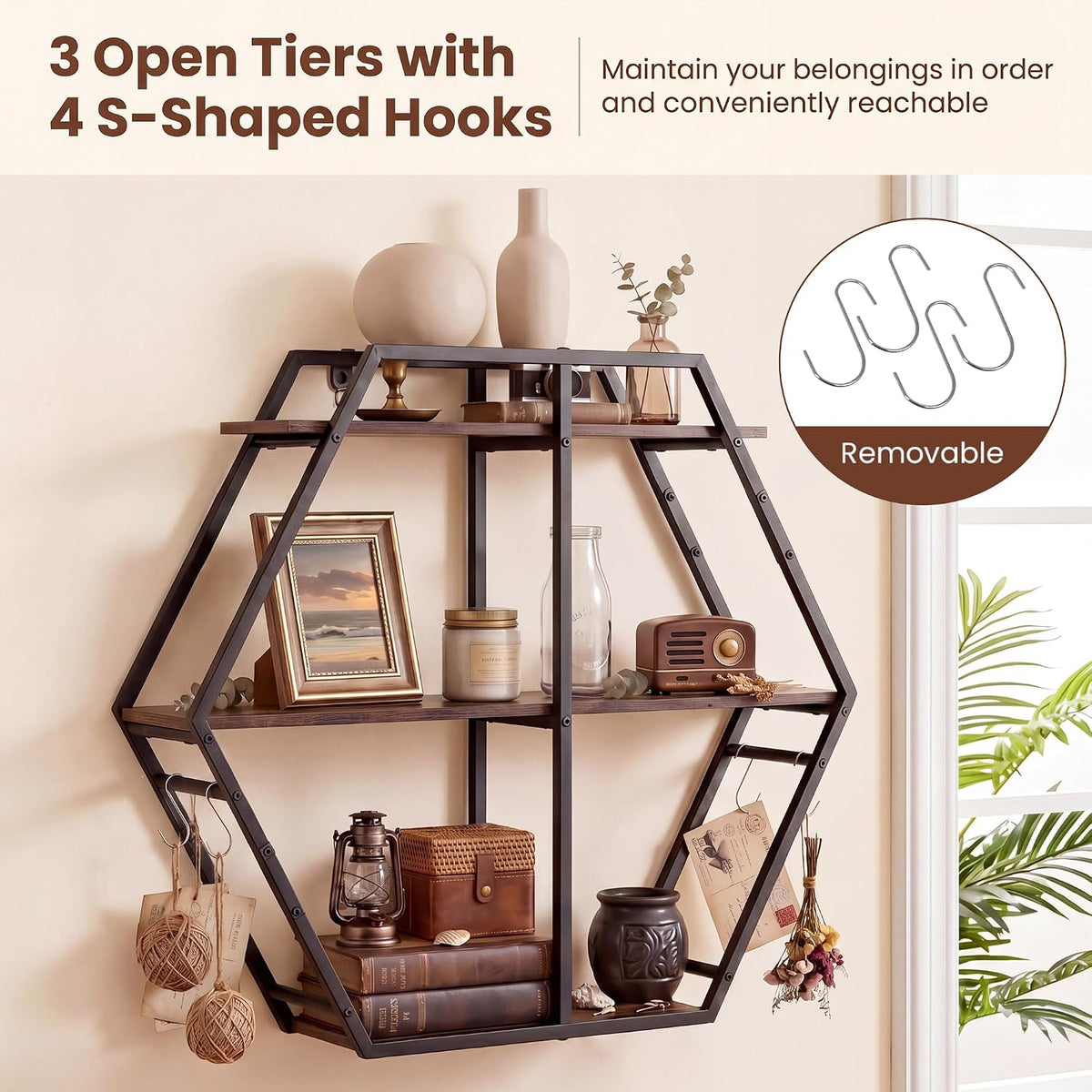 Goflame Industrial Hexagon Wall Shelf with 3-Tier Storage Shelves & 4 Hooks | Decorative Wall Display Rack Unit with Metal Frame