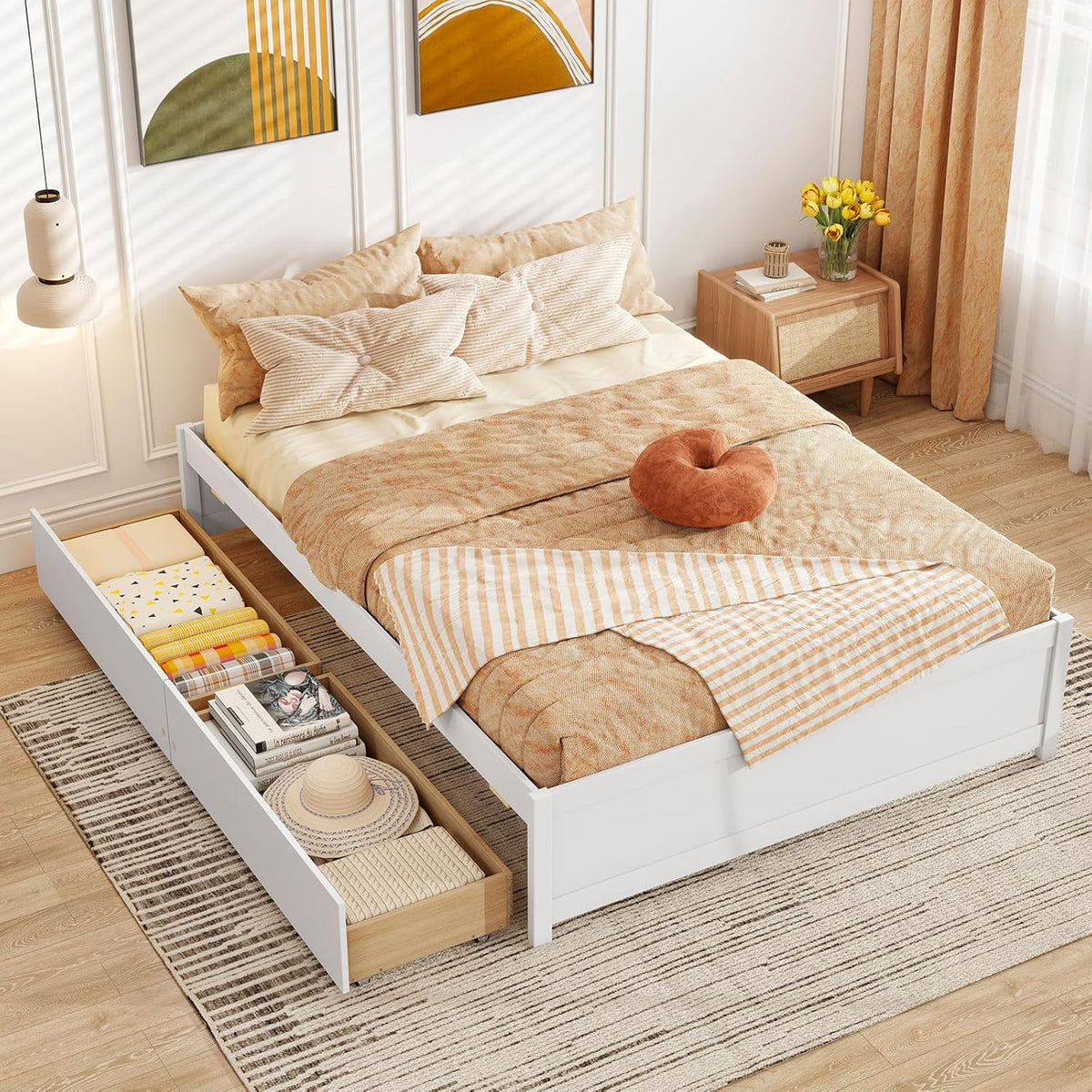 Goflame Queen/Full/Twin Size Bed Frame with 2 Storage Drawers, Solid Wood Platform Bed with Slats Support