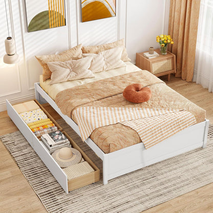 Goflame Queen/Full/Twin Size Bed Frame with 2 Storage Drawers, Solid Wood Platform Bed with Slats Support