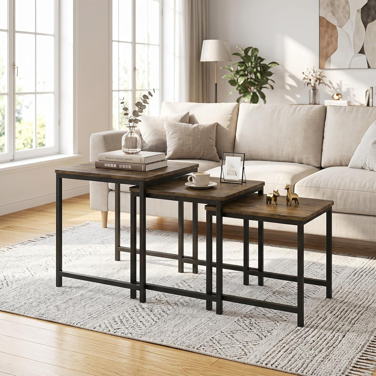 Goflame Nesting Coffee Table Set of 3 | Faux Marble Coffee Table with Metal Frame