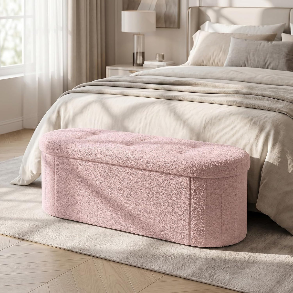 Goflame 43" Storage Ottoman Bench, Oval Ottoman with Dividers | Upholstered Bench Storage