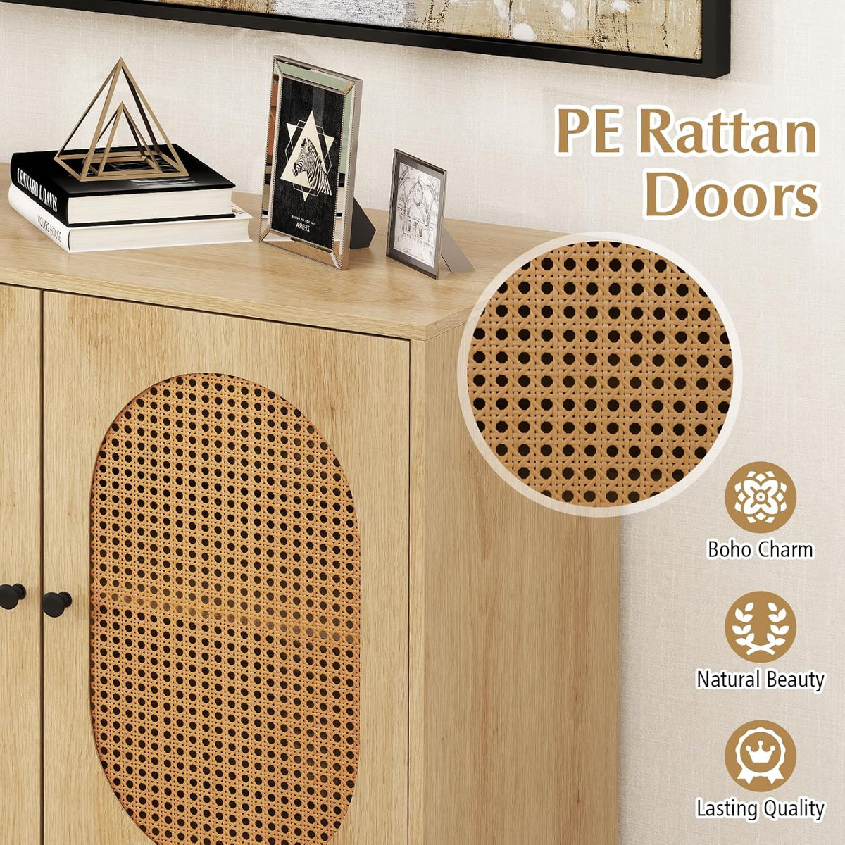 Goflame Small PE Rattan Buffet Cabinet with 2-Door Boho Sideboard