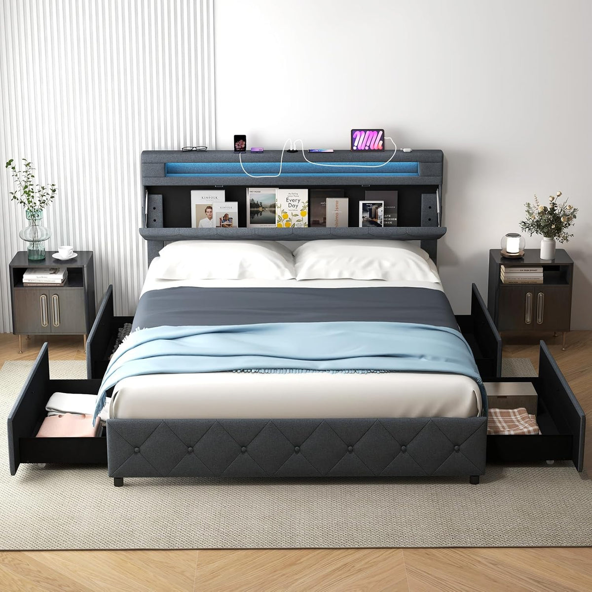 Goflame Queen/Full Size Bed Frame with Storage Headboard and 4 Drawers, Modern Upholstered Platform Bed with Charging Station